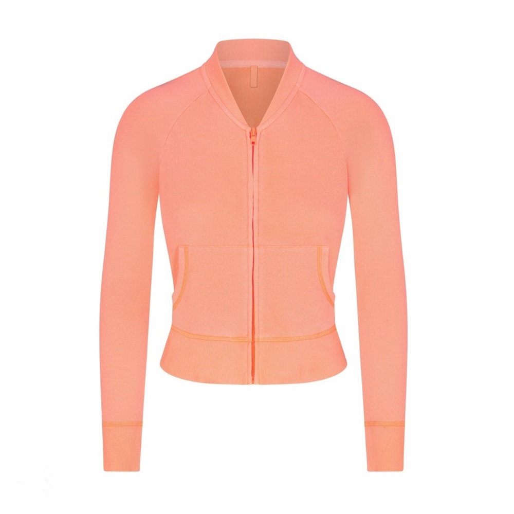 NEW Skims Modal Light French Terry Shrunken Zip Up Sweatshirt Neon Orange XS